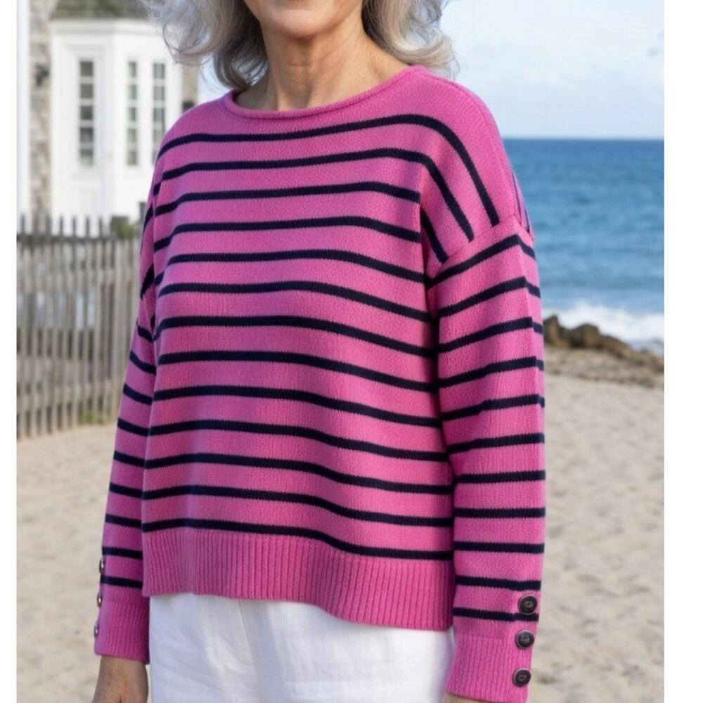 Talbots Petite XL Pink Navy Striped Sweater Cotton Nautical Coastal Top Vacation